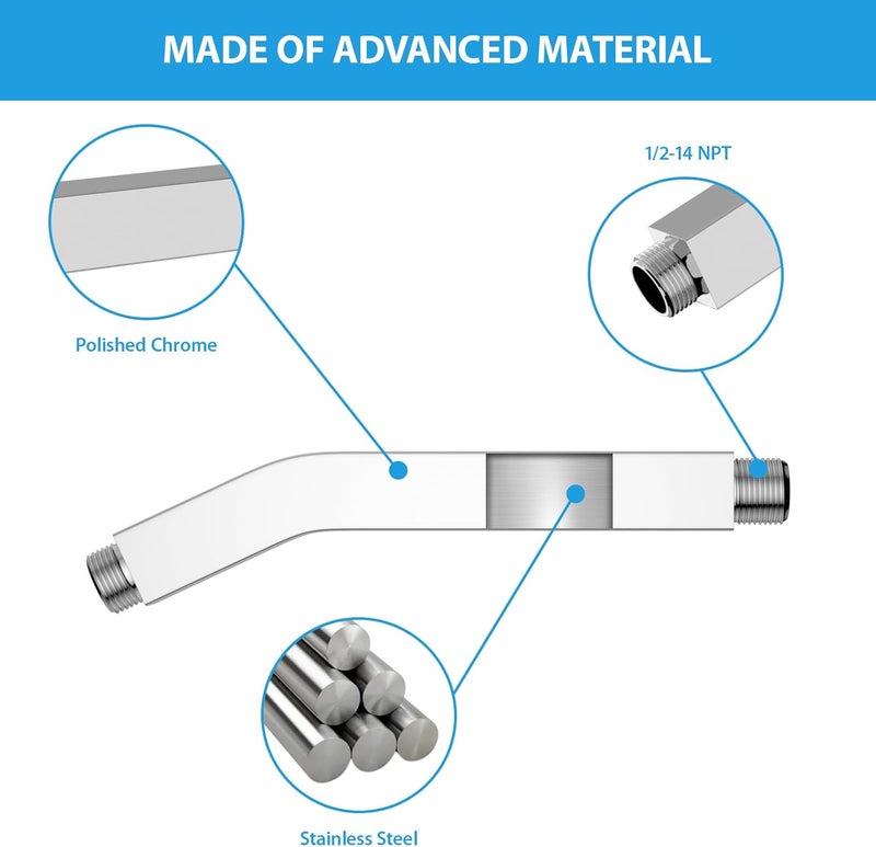 Lordear 6 Inch Shower Arm Extension Chrome Polished Square Wall Mounted Stainless Steel Extender Arm for Fixed Shower Head - Image 5
